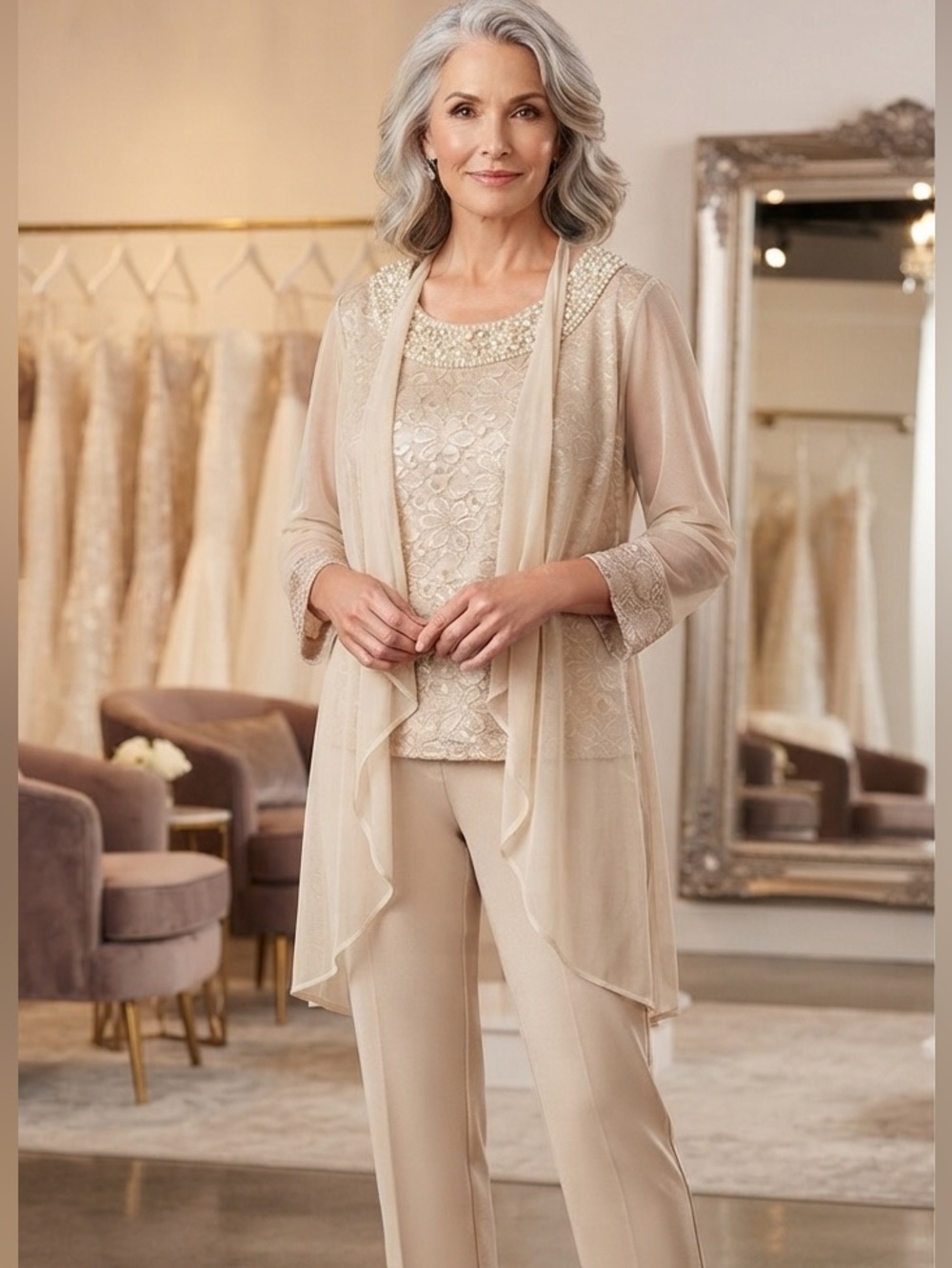 R&M Richards 16W Champagne 2Piece Twin Set Lace Tank Sheer Chiffon Cardigan Rare